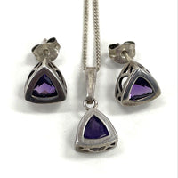 925 Sterling Silver Trillion Amethyst Earrings And Pendant Set 4.1 Grams