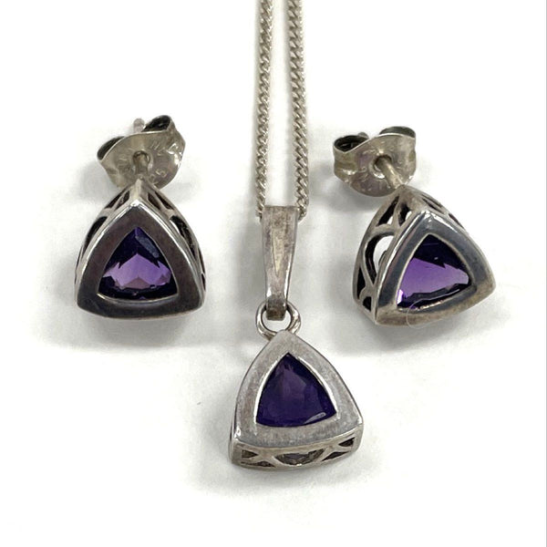 925 Sterling Silver Trillion Amethyst Earrings And Pendant Set 4.1 Grams