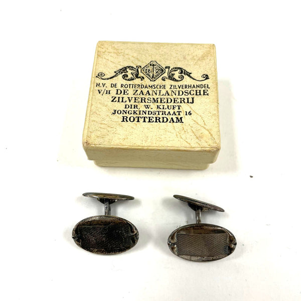 Antique Dutch 835 Silver Patterned Cuff Links In Original Rotterdam Box, 9.84g
